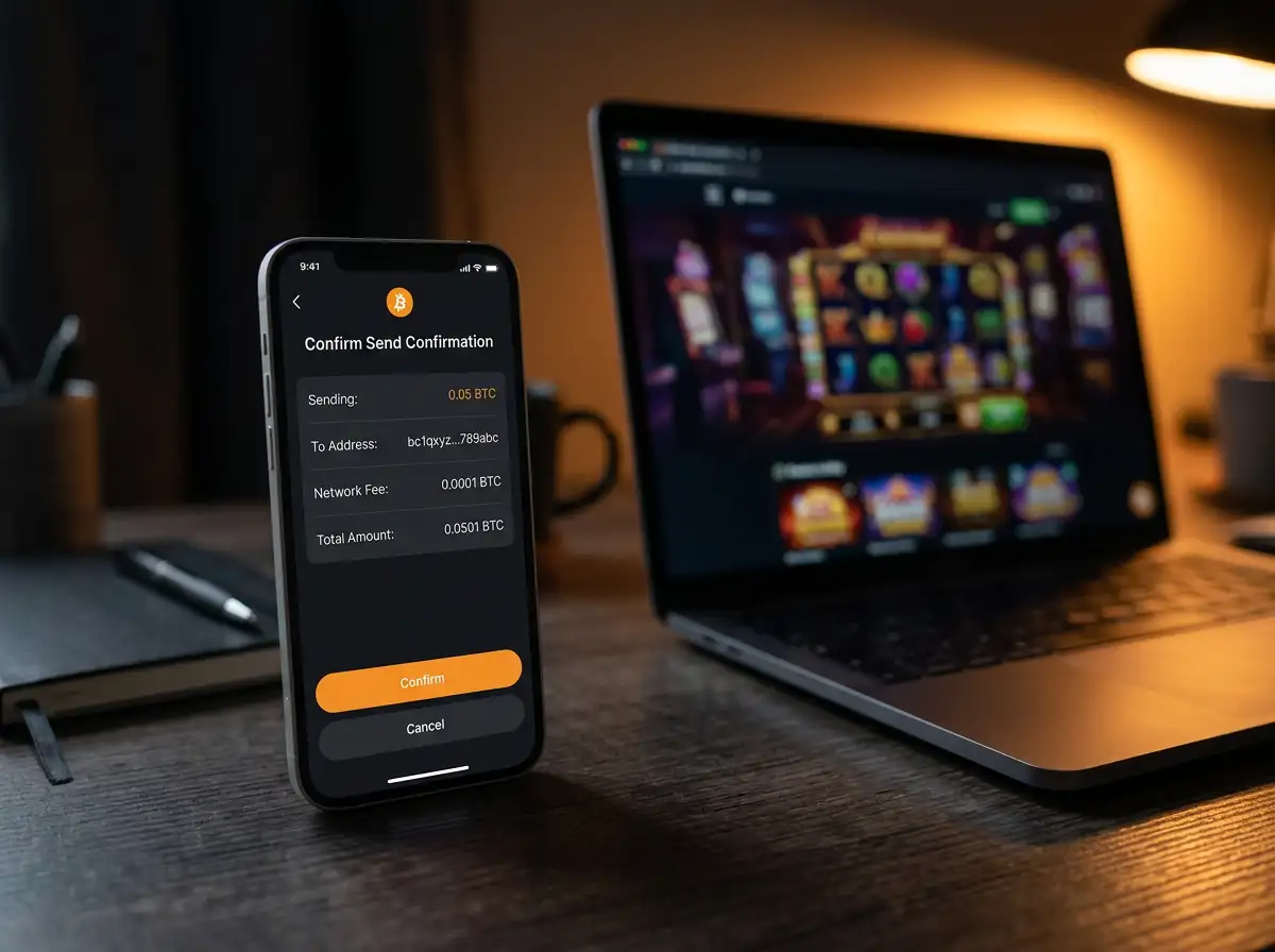 Cryptocurrency wallet sending a Bitcoin deposit to an online casino platform