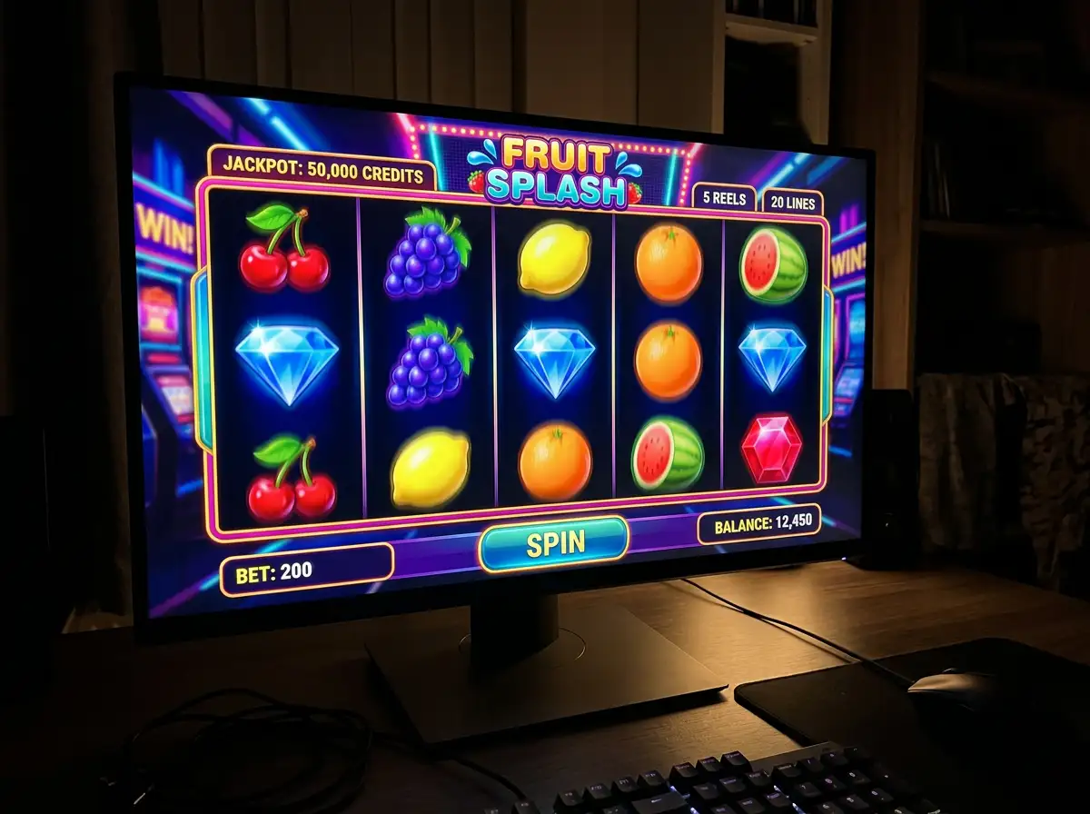 Video slot game interface showing colourful reels, paylines and bonus features on a desktop screen